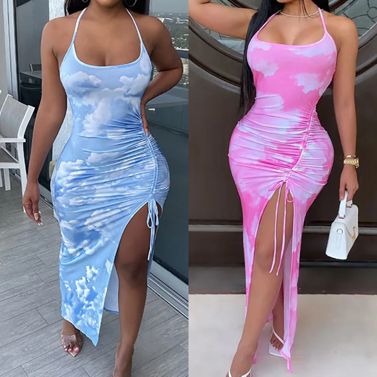 
2021 Wholesale Plus Size Draped Tie-Dye Spaghetti Strap Halter Dresses Bodycon Slit Midi Dress For Women 