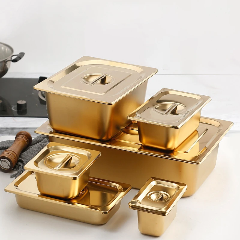 1/1 1/2 1/3 1/4 1/6 1/9 Gold Stainless Steel Food Gn Pans Canteen Cafeteria Gastronorm Food Container