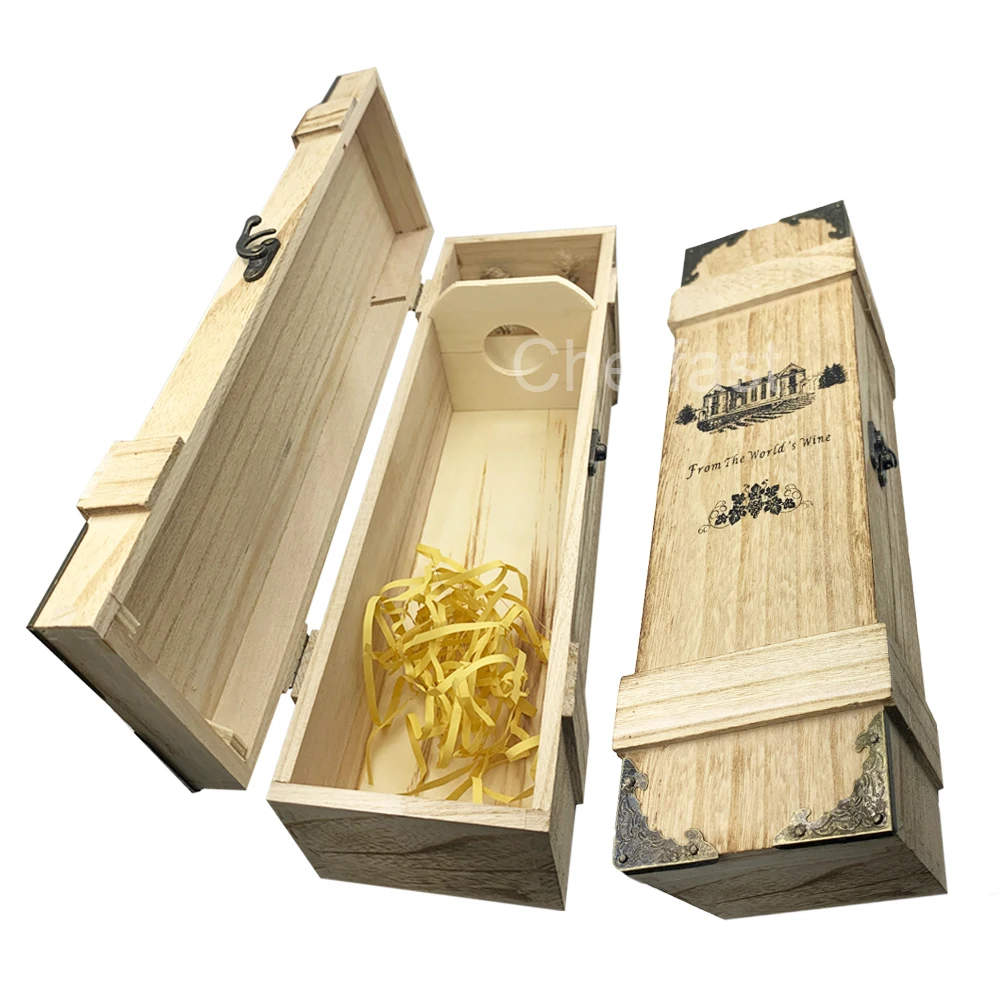 Perfect Idea Pack Your Bottle Luxury Redwine Shipping Wholesale Wood Box Single Wine Bottle Wood Wine Gift Box with Hinged Lid