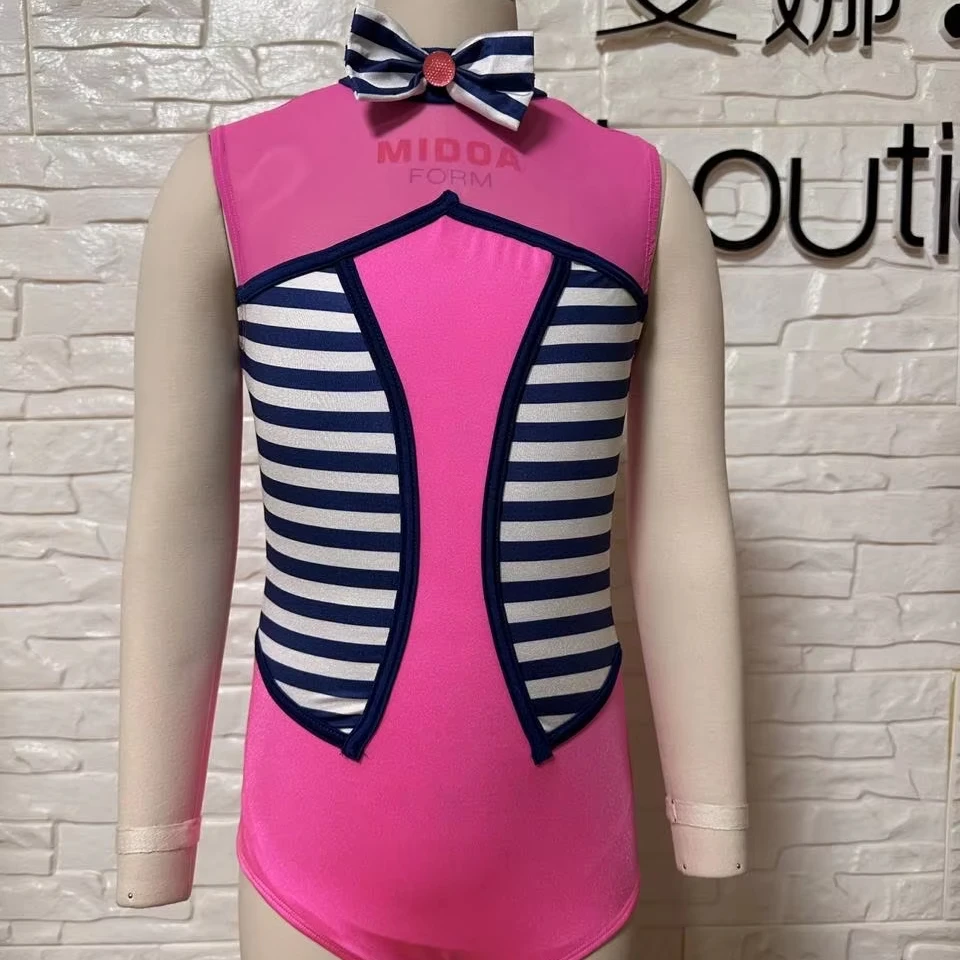 Factory Candy Pink Navy White Stripe Lycra Snazzy Leotard Dance Wear Dress For Girl