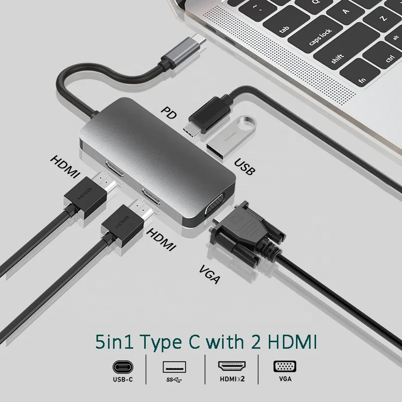 Type-C  Hubs 5 port USB 3.0 C Hub PD Charging docking station Multiport   Adapter for Mac Book Pro, Laptops