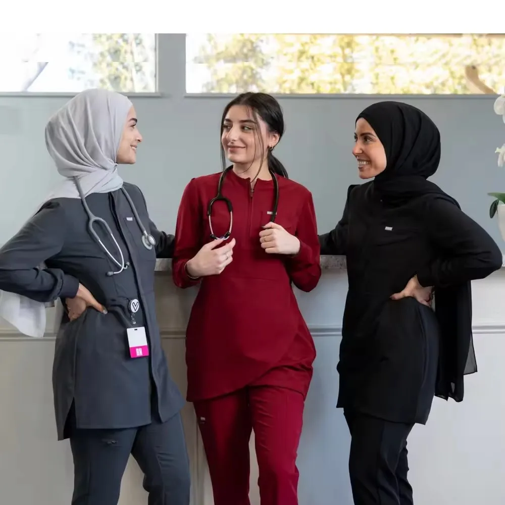 Factory OEM Spandex Stretch Long Sleeve Muslim Nursing Scrubs Doctor Muslim Scrub Suits For Women