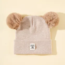 OEM in stock knitted high quality caps with label acrylic two balls 0-3 years old child toddler hats winter baby beanie pom pom