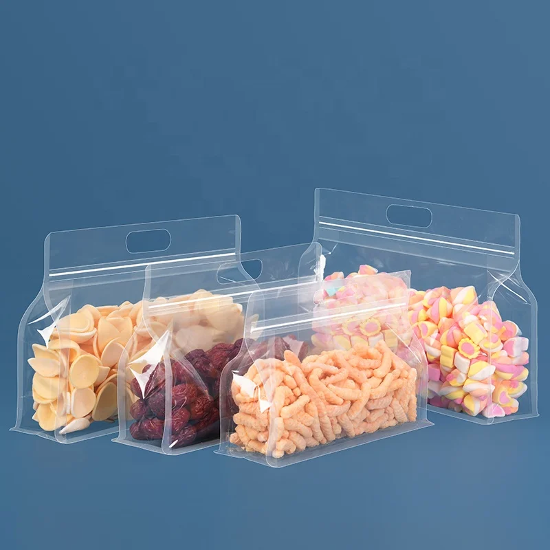 In Stock Resealable Clear Frosted Stand up Pouch Packaging Plastic Zipper Gusset Transparent Bag With Handle