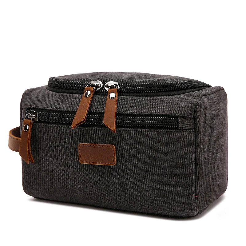 
Aosheng Custom Wholesale Black Shaving Dopp Kit Vintage Luxury Leather Canvas Pouch Men Travel Cosmetic Bag 