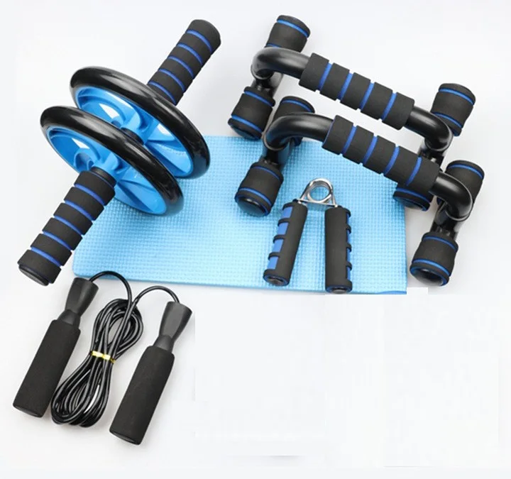 4 in 1 AB Wheel Roller Kit with Push UP Bar Hand Griper Jump Rope 8 Shape Resistance Loop and Knee Pad for Home Exercise