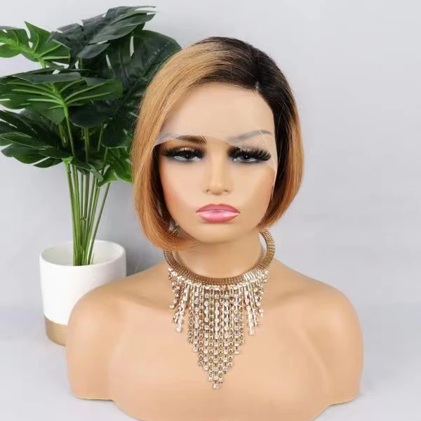 Ready to Ship Raw 100% Virgin Brazilian human hair 1b/27 color pre plucked Short Bob Swiss Hd Lace Frontal wigs for women Vendor