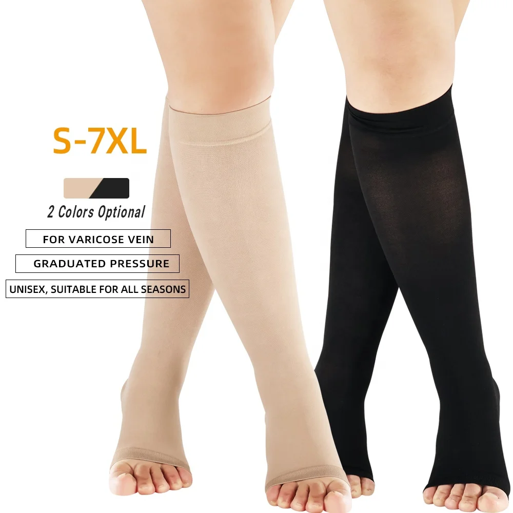 Open Toe 15-20mmHg Light Support  Knee High Stocking Beige Opaque Nylon