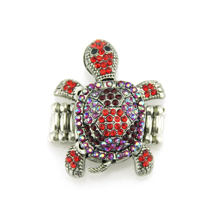 Wholesale Retro Adjustable Zinc Alloy Colorful  Animal Tortoise Crystal Rhinestone Elastic Ring