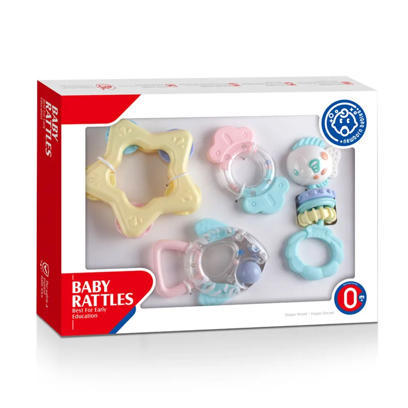 Wholesale cute newborn toy various shape hand bell baby rattle toys with 4 pieces