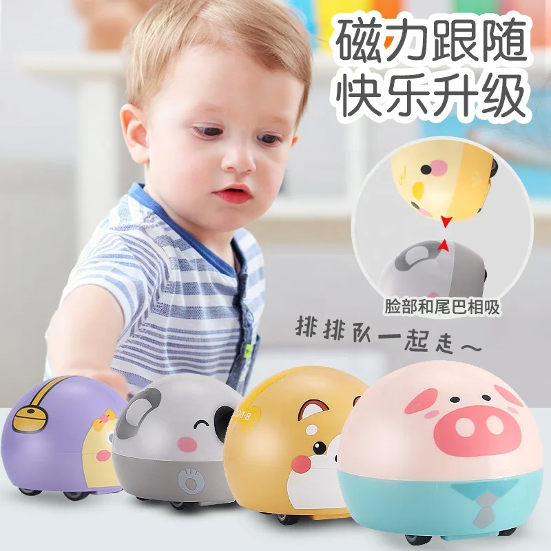 Round cartoon animals magnetic sucking mini plastic pull back baby inertia car toy set