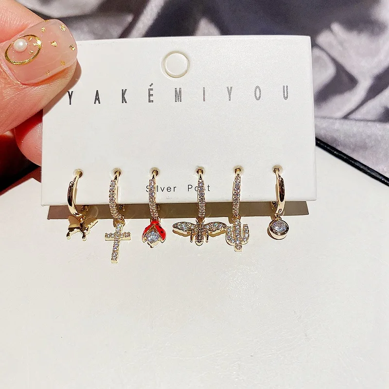 Cactus designer hoop earrings gold plated cute insect cross pendant butterfly crystal jewelry accessorizes earrings set