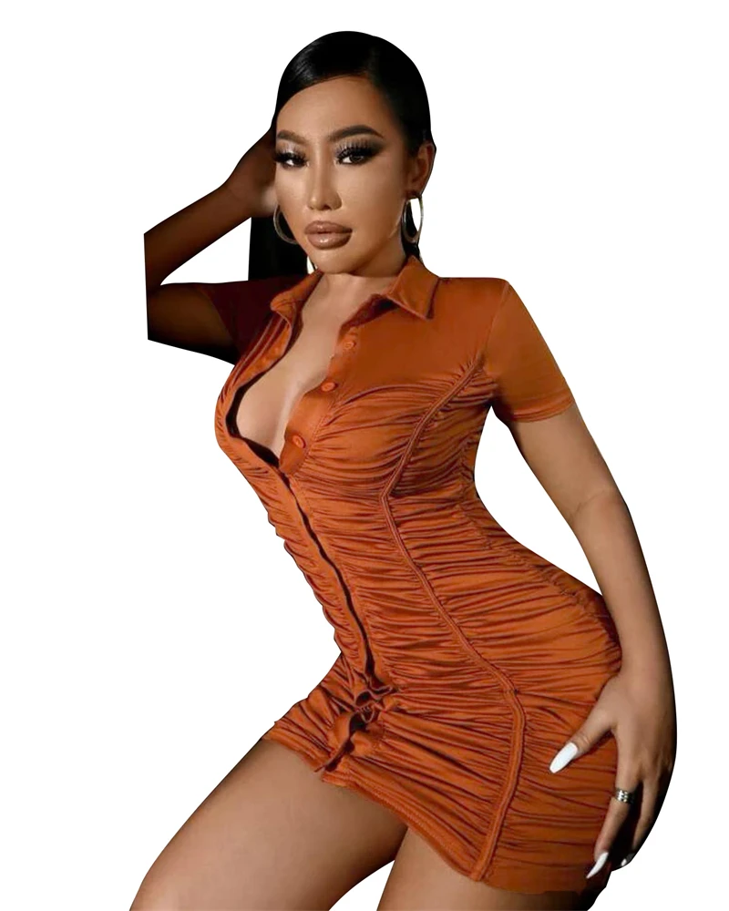 high quality African summer brown sexy casual short sleeve satin pleated polo shirt dress 2024 summer woman clothing for women