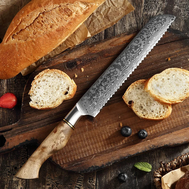 Damascus steel kitchen bread knife with figured sycamore wood handle cutting knife