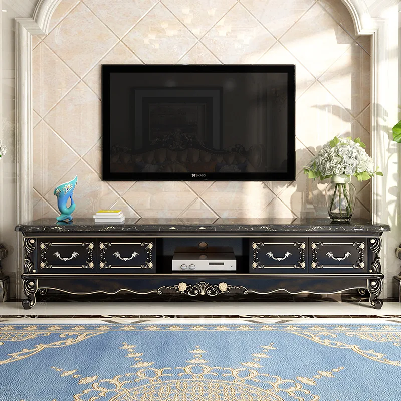 Luxury European 6-Drawer TV Stand Solid Wood Cabinet Set with Marble Top & Ebony Paint Carving Living Room Bathroom Villa