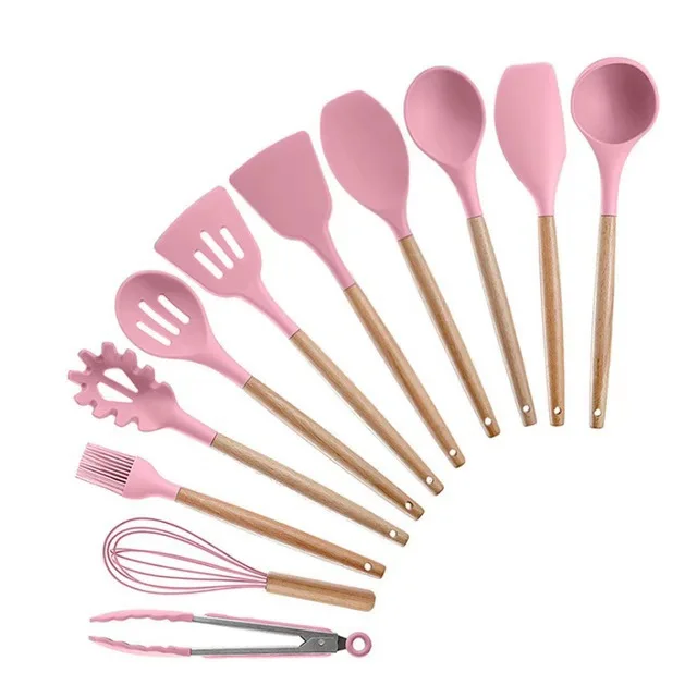 Professional Manufacturer Utensils Turner Tongs Spatula Cooking Tool Food Grade Wood Silicone Kitchen Utensil Set