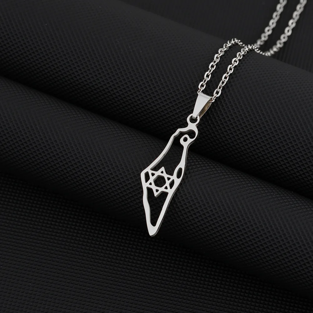 Stainless steel geometric ethnic style hollowed out hexagonal star titanium steel Israel map necklace