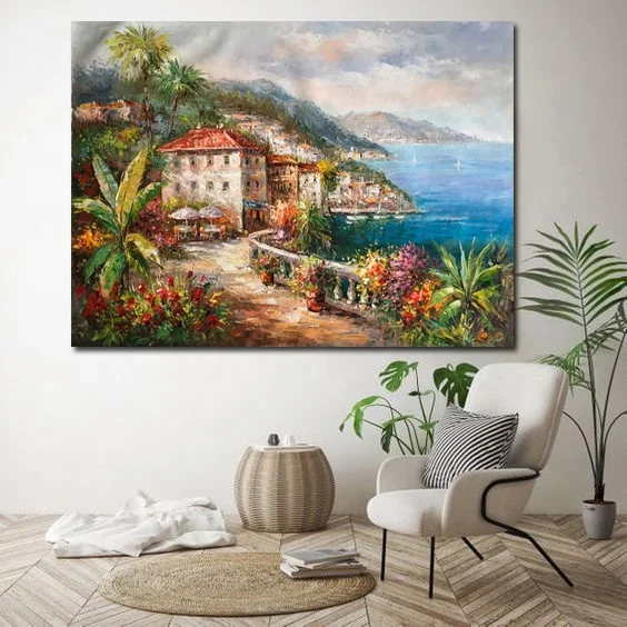 High quality handmade oil painting mediterranean village sea landscape heavy texture oil painting on canvas art