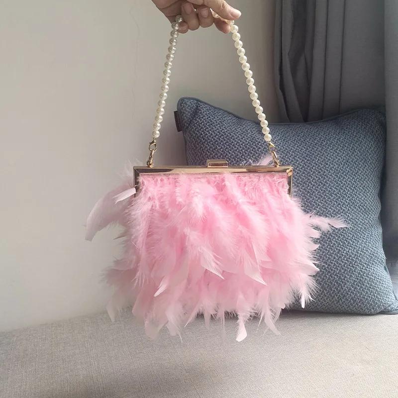 New Design Feather Fur Handbags Purse Pearl Evening Bags Fashion Clutch Bag