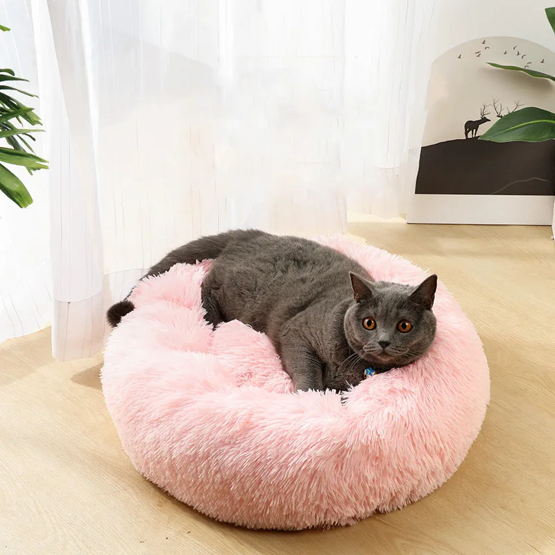 Factory Custom Small Pet Supplies Round Donut Washable Calming Dog Bed With Plush Faux Fur Fabric Soft Cushion For Indoor