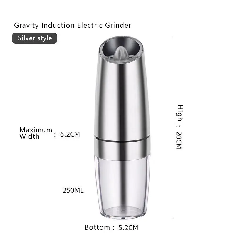 silver battery powered with LED light automatic operation stainless steel gravity electric mill pepper and salt grinder