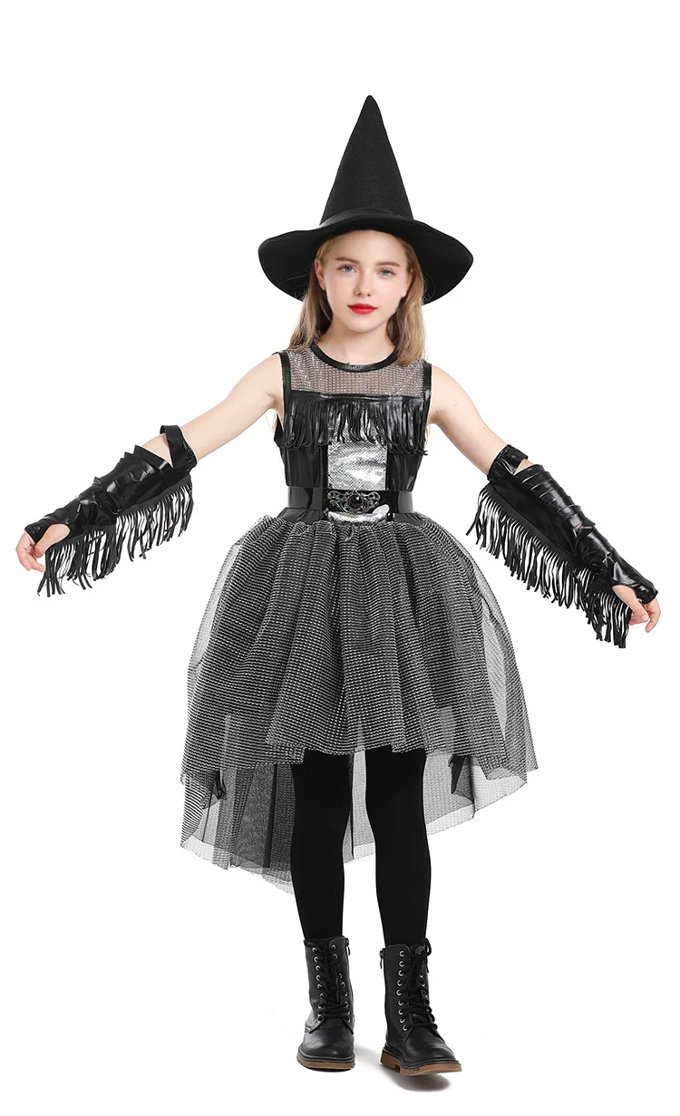 Halloween Crow Witch Costume Black Goth Style Girls Performance Puffy-Tail Dress for Girls Witch Performance