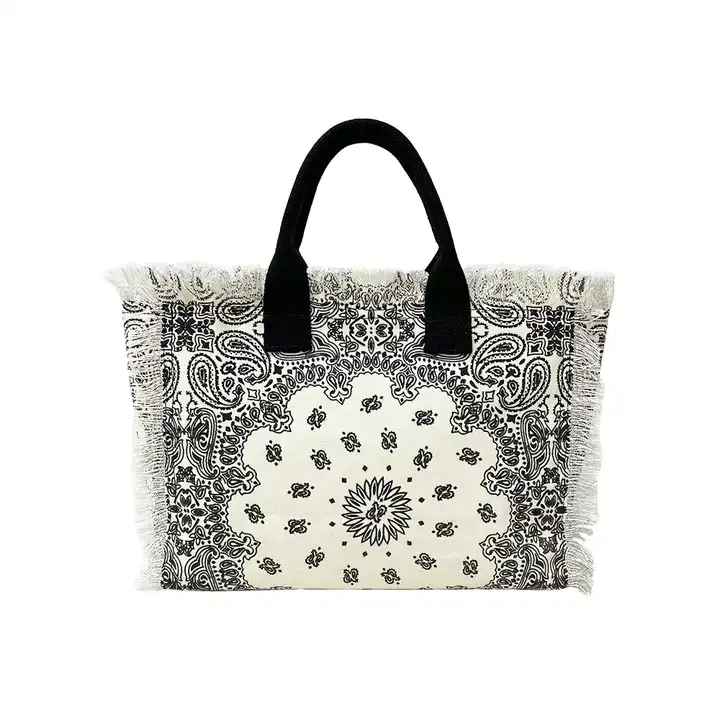 new arrival fashion trendy summer Canvas fringe Tote Paisley Zipper beach tote shopping handbag in stock