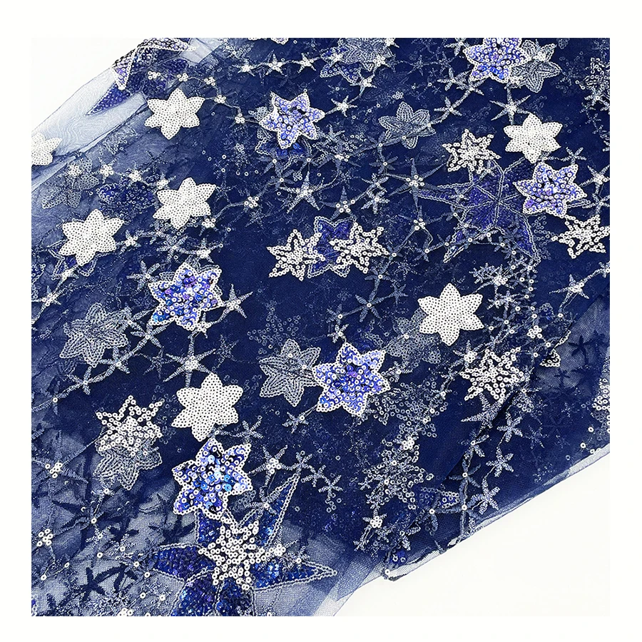 
Hot sale Star sequin embroidery on mesh for party 