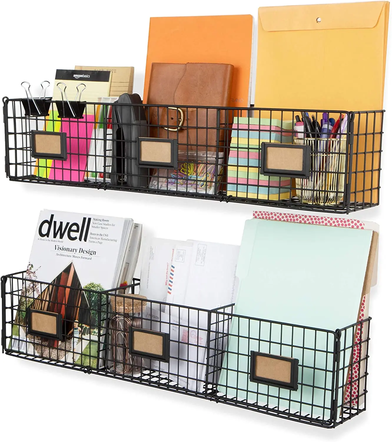 Home Hanging File Folders Office Desk Organizer Wall Mount Wire Basket Storage Magazine Holder 3 Sectional Set of 2 Bla