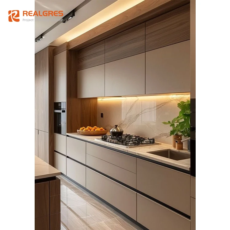 Realgres Fluted Door Design Kitchen Solid Wood Veneer Lacquer Acrylic Modern Kitchen Cupboard Furniture Kitchen Cabinet Set