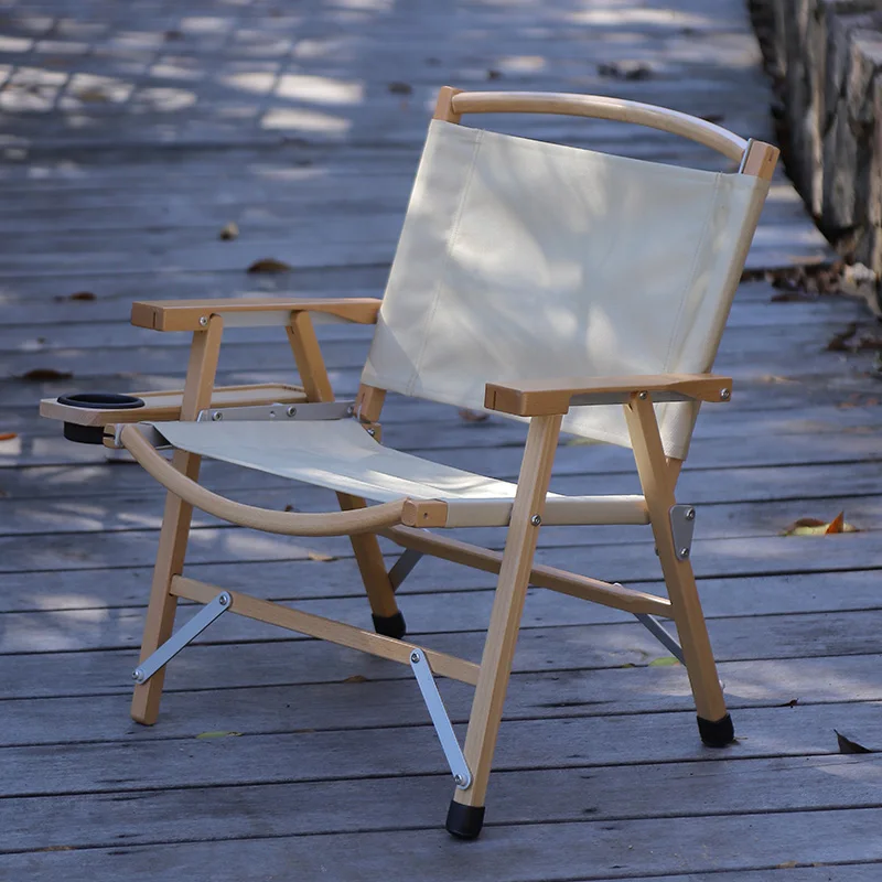 Nordic Simple Solid Wood Deck Canvas Folding Beach Chair Wooden Kermit Chair With Cup Holder For Banquet