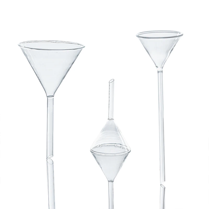 Laboratory Use Borosilicate Glass Triangle Shape Funnel Long Stem Funnel Short Stem Conical Funnel 40mm 50mm 60mm 100mm 120mm