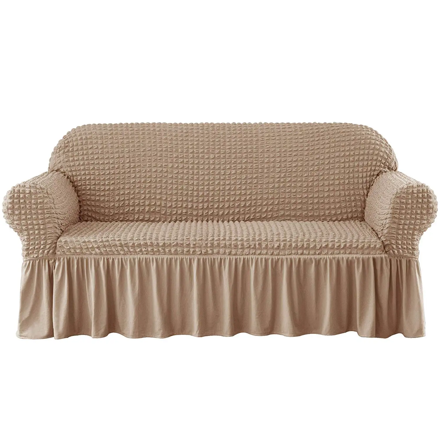 Ppg- Elegant Protective Furniture Cover Elastic Sofa Slipcover Set With Skirt Elastic Streachable 3 Seat Taupe/camel