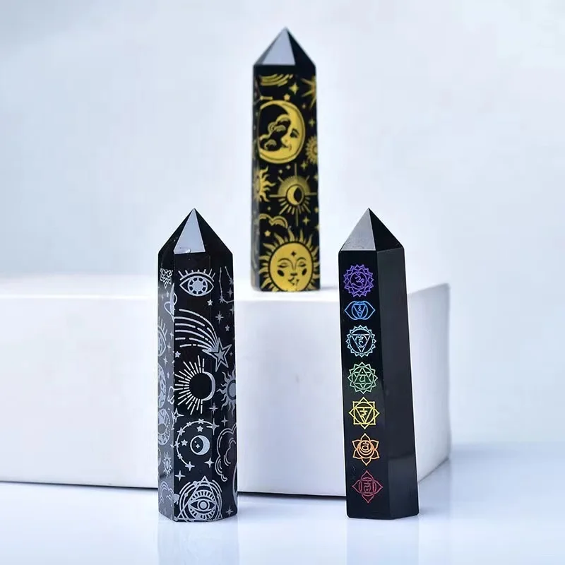 Rough Obsidian Stones Hexagonal Prism Raw Black  Column Crystal Magic Wand For Healing