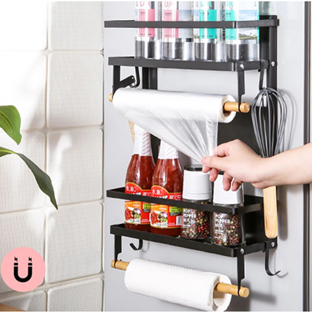 2023 Kitchen Carbon Steel Wall Mounted Spice Shelf Display Hole-free Fresh Film Bag Storage Rack Refrigerator Drink Organizer
