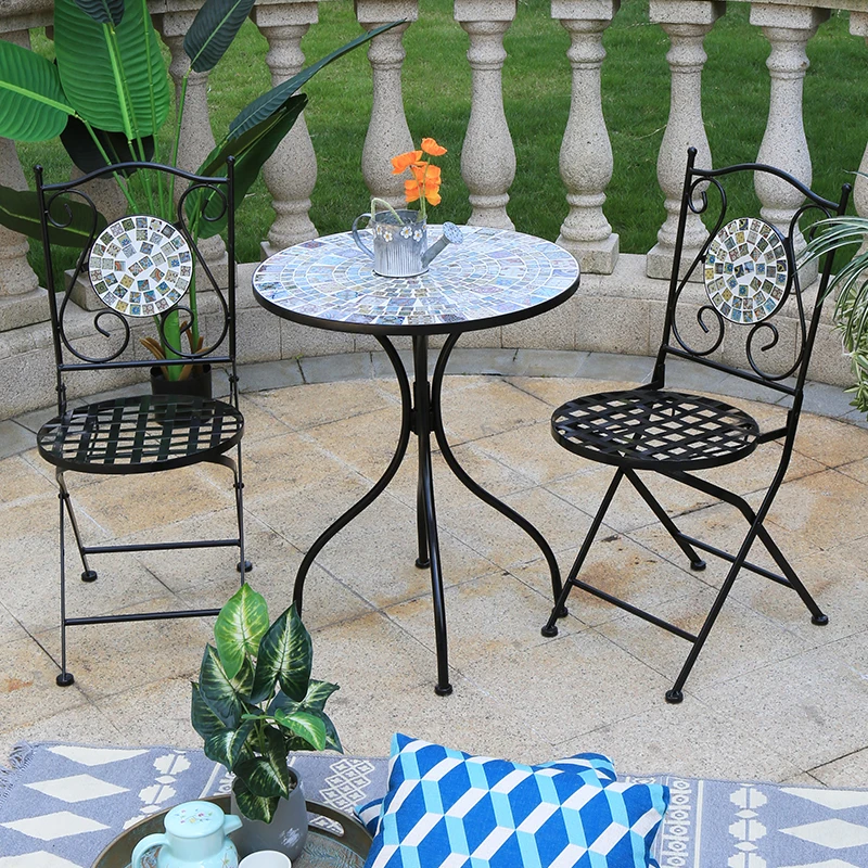 Royal Hand Made Mosaic Bistro Set Stone Dining Table and Chair 3 Piece