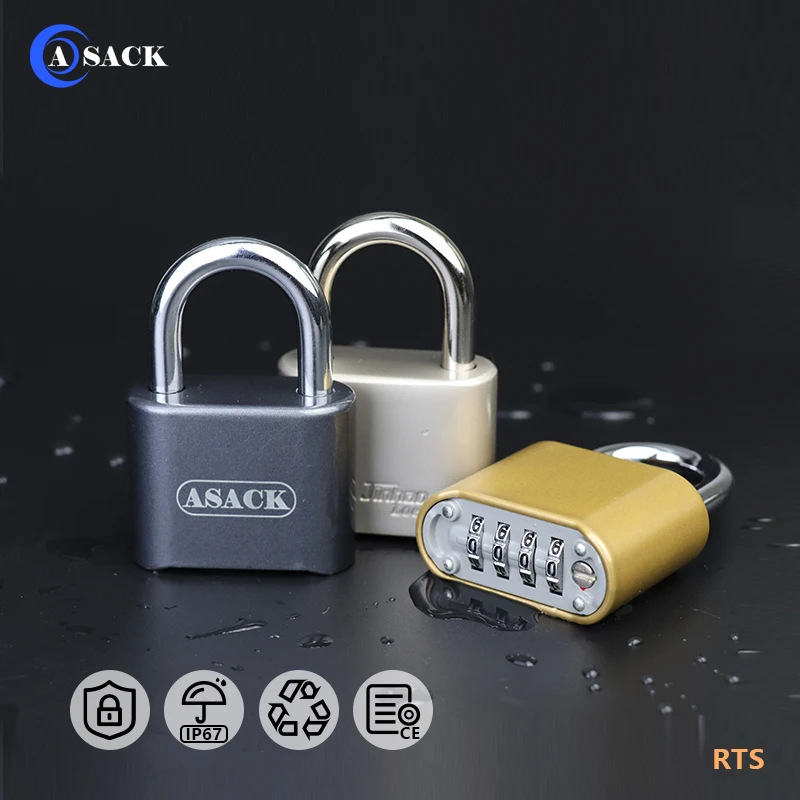 Asack cheap 4 digit aluminum alloy safety black padlocks portable waterproof pad locks combination password keysless padlock