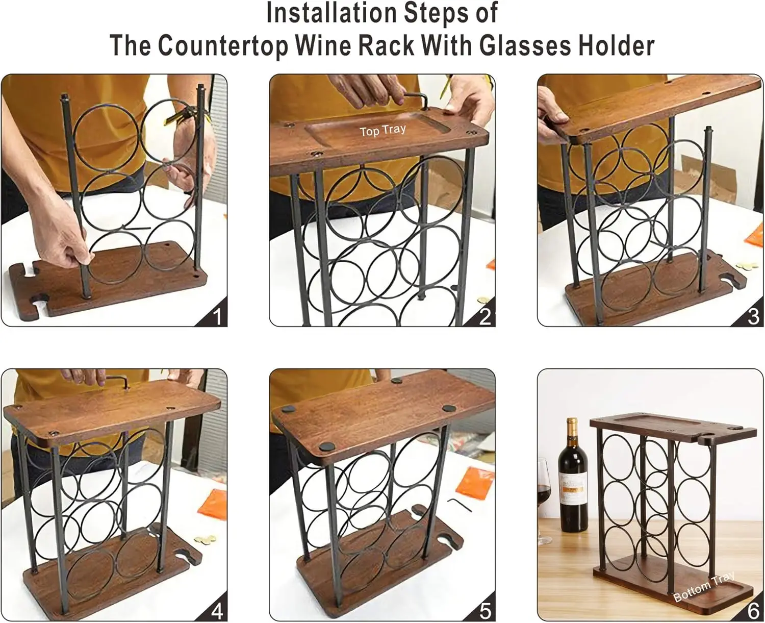 Countertop Wooden Wine Rack with Glass Holder Tray for Home Decor Kitchen Storage Party Durable PC Material Easy Carton Packed