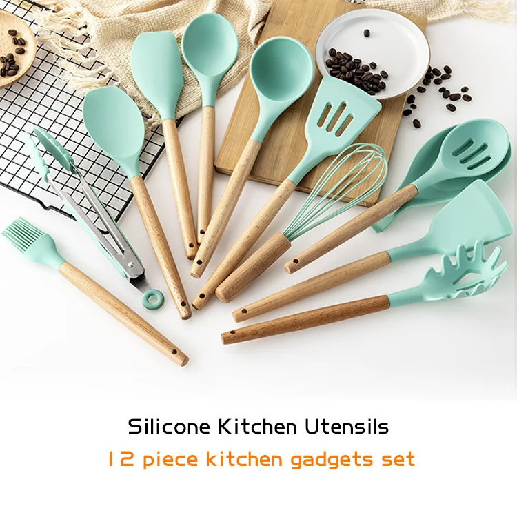 12 Pieces Silicone Kitchen Cooking Tools Wooden Handles Stand Kitchenware Spatula Silicone Kitchen Utensils Set