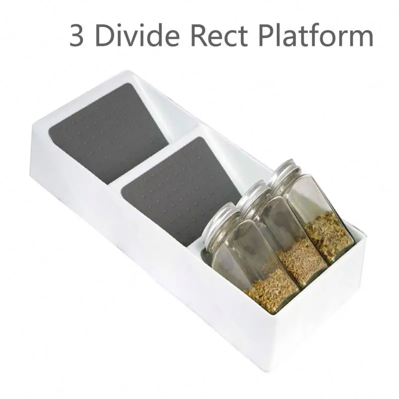 Stock wholesale kitchen use 3 tier divide rect platform plastic spice rack / organizer spices in drawer