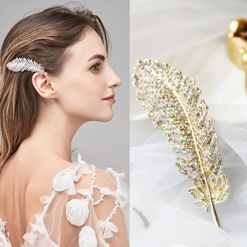 Alloy Top Clip Color Retaining Gold Bangs Clip Classical Headdress Rhinestone Feather Hairpin