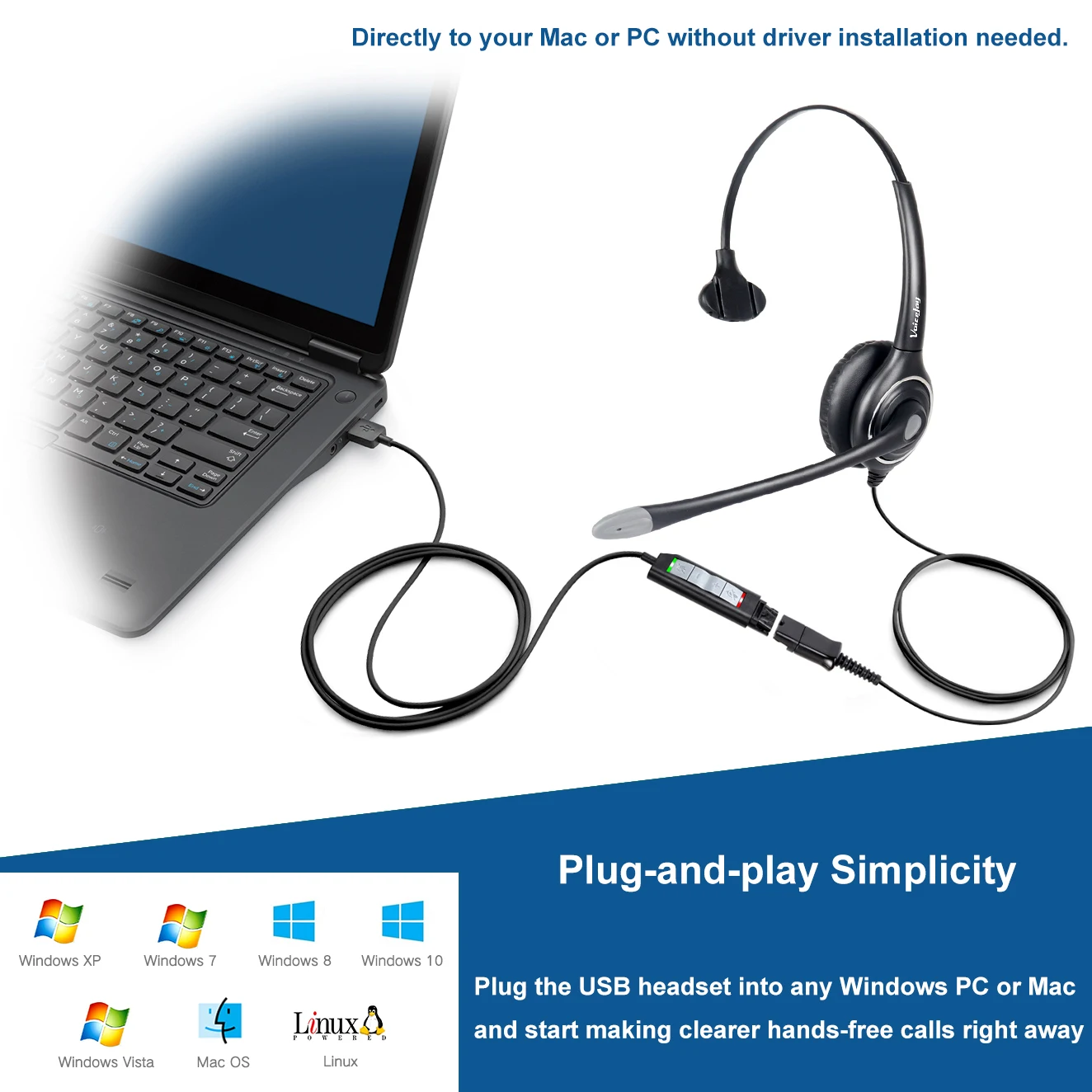 VoiceJoy быстрое отключение к USB-адаптеру, в комплект входит шумоподавление, USB-гарнитура для звонков с микрофоном для команд Skype