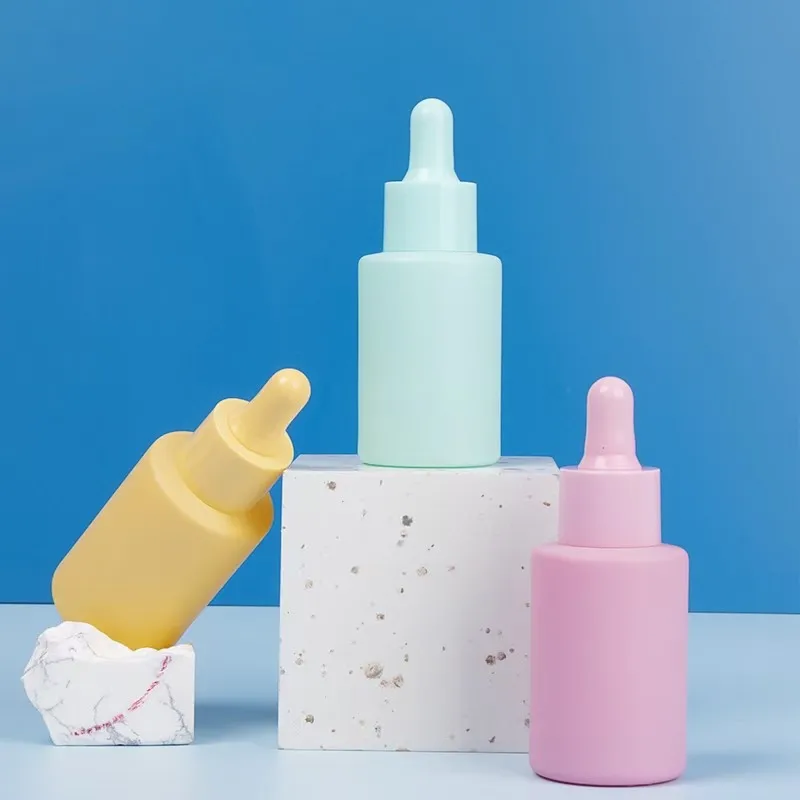 30ml 50ml Cosmetic Skin Care Essential Oil Essence Packaging Frosted Glass Flat Shoulder Matte Serum Dropper Bottle With Box