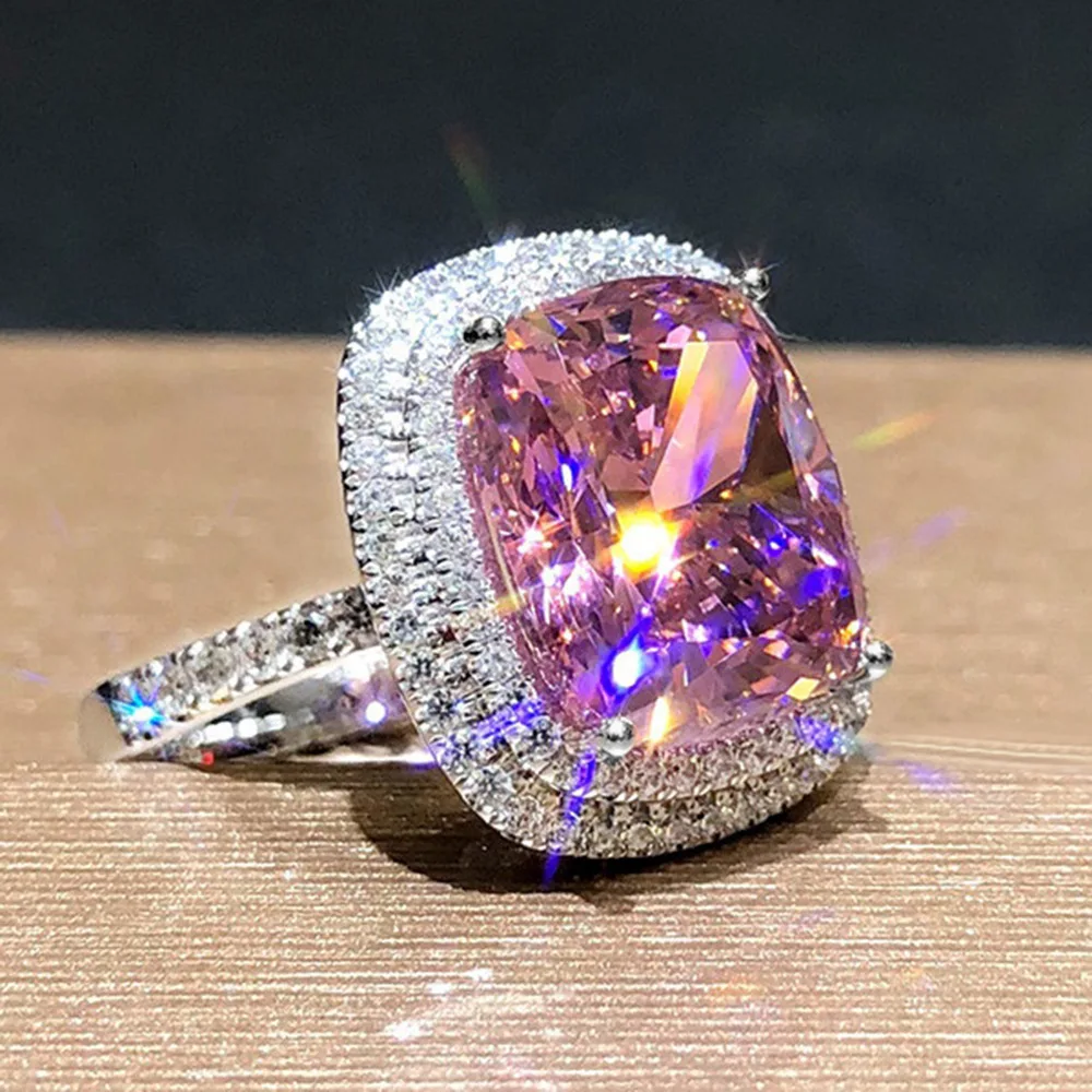 2024 Wholesale Square Micro-Inlaid Pink Diamond Ring Elegant Simulation Zircon Rings For Women