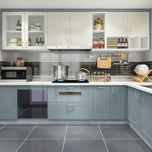 High quality customized sky blue PVC or lacquer modern kitchen cabinet design