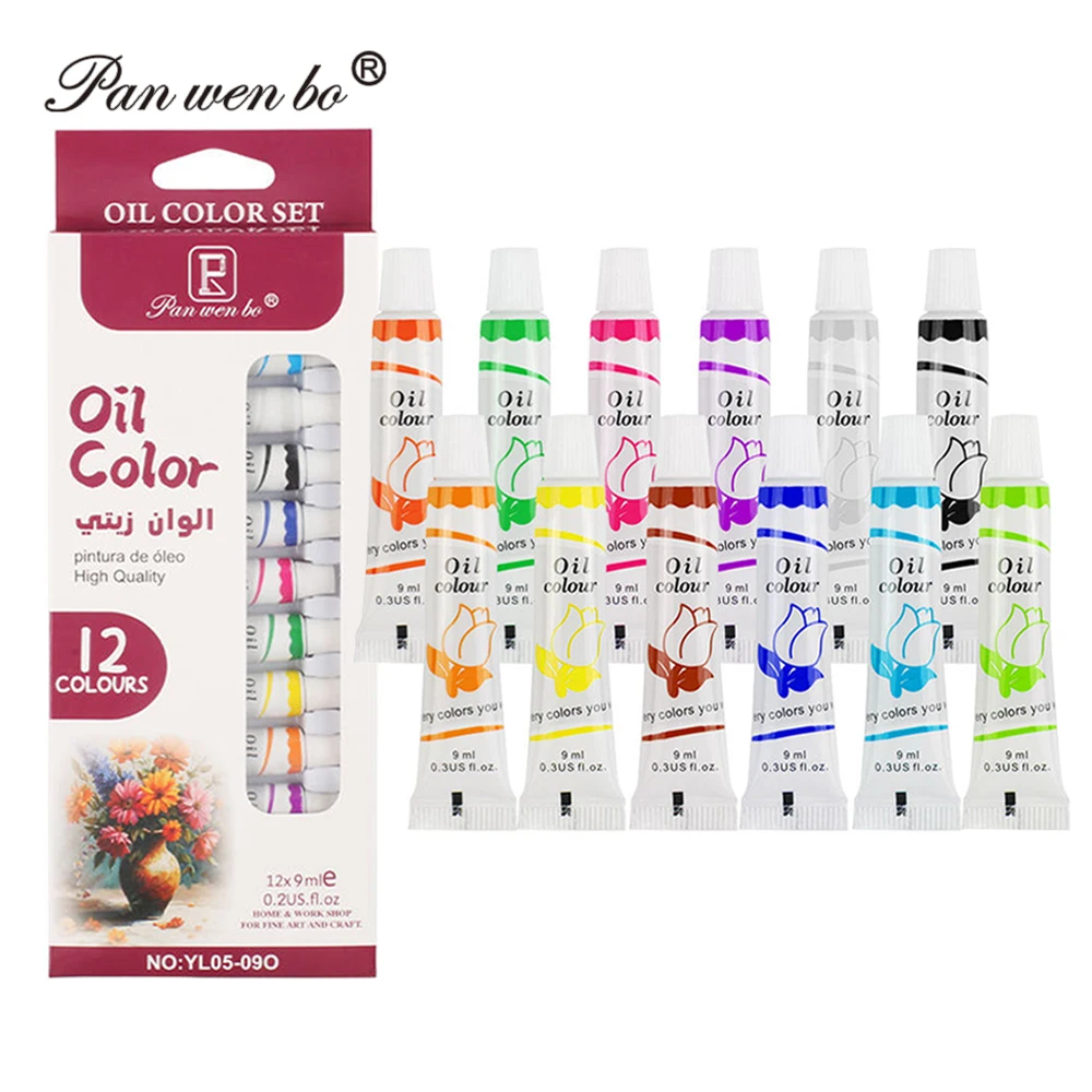 Panwenbo 9ML 12 Colors Students Artist Oil Paint Set Canvas Oil Paint Colors Oil Colours Paint for Canvas Glass Paper Painting