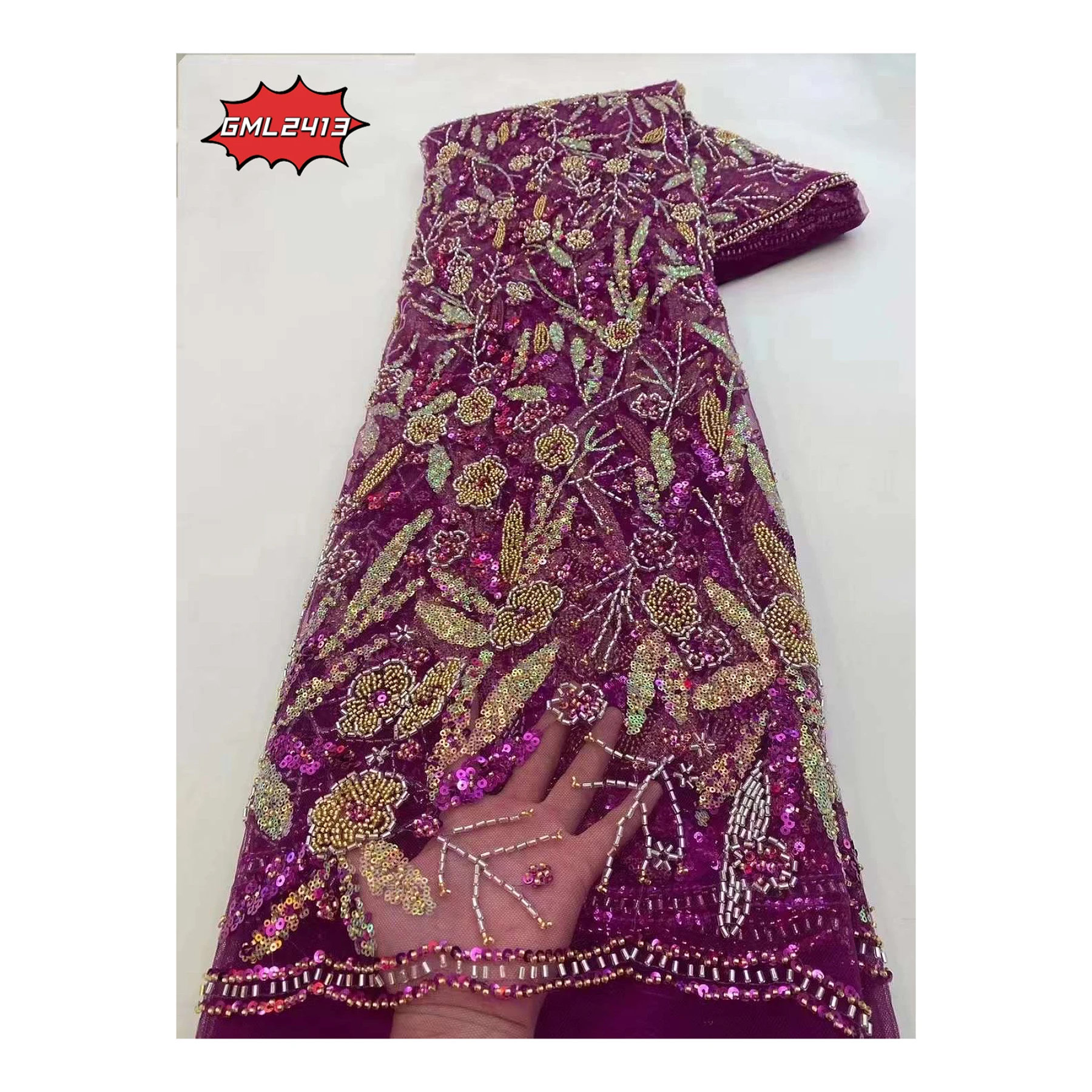 Bridal wedding indian beaded fabrics hand made Luxury Sequin Embroidery Couture Net Laces Dresses Fabric With Beads from india