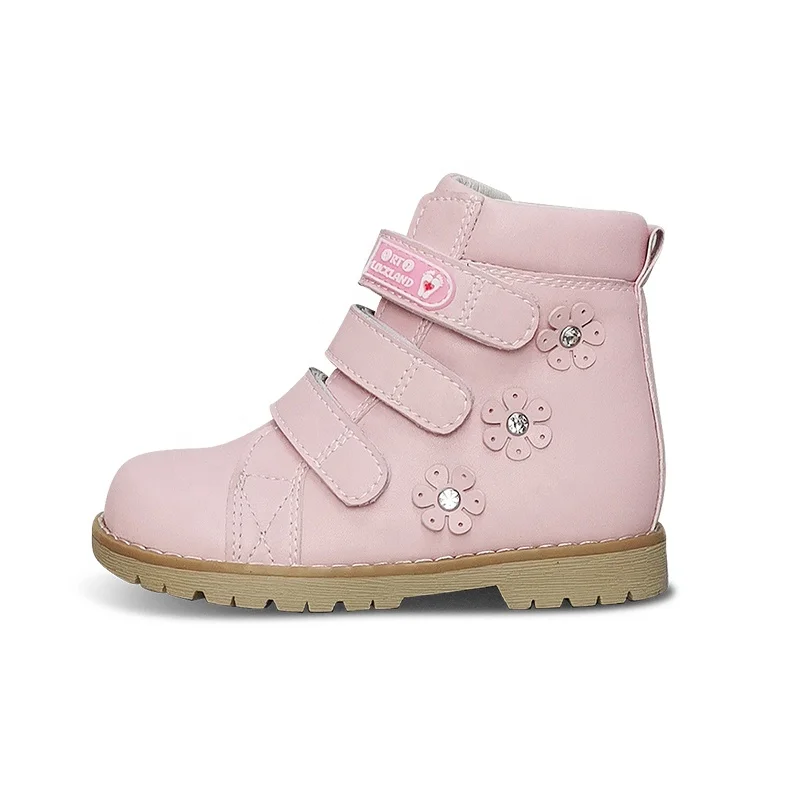 Ukraine Russian market kid girls pink flower decoration leather boots orthopedic shoes guangzhou manufacturer wholesale price
