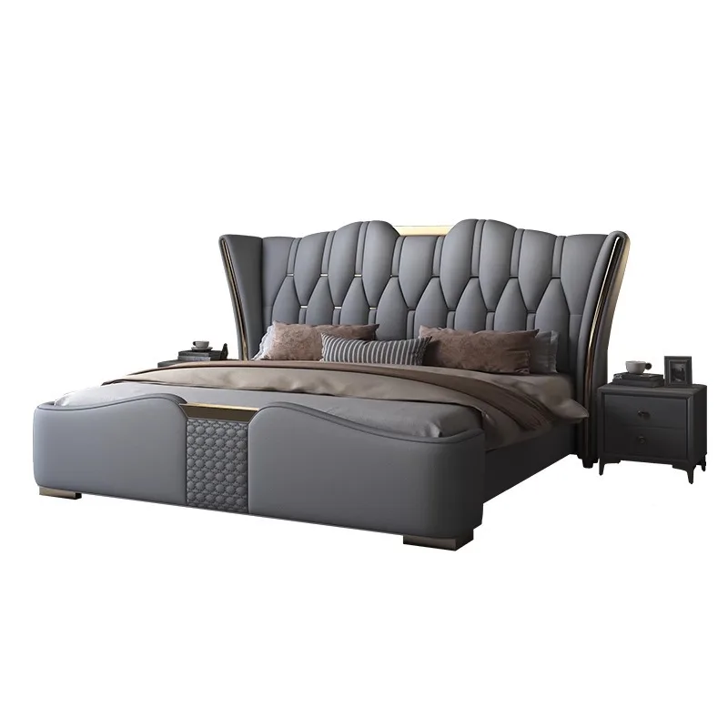 Luxury Italian Faux Leather Platform King And Queen Size Bed With Storage And Drawers For Bed Room Comfortable Sleeping