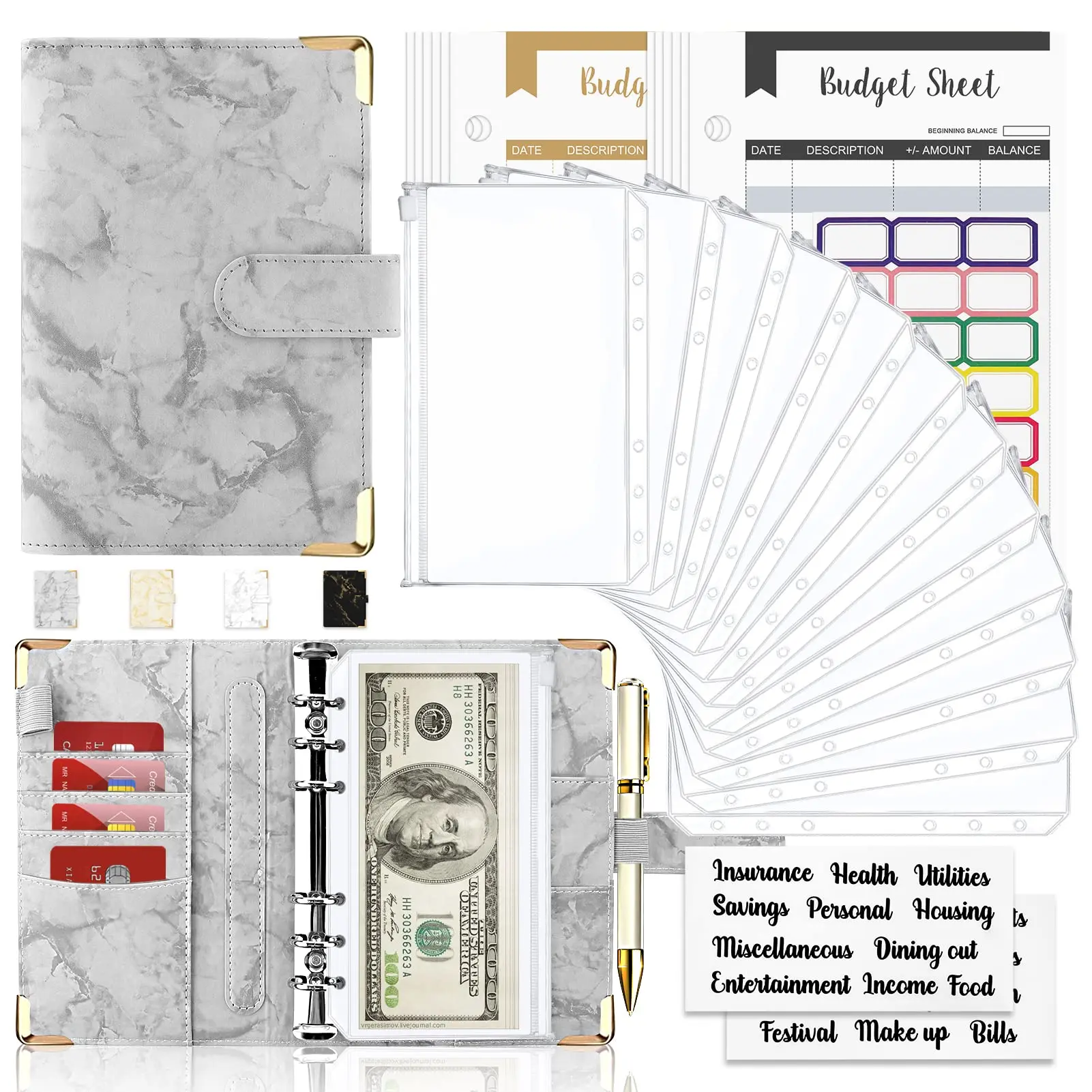 Budget Binder Cash Envelopes for Budgeting Money Organizer for Cash Budget Binder with Cash Envelopes Marble 6-Ring Money Saving